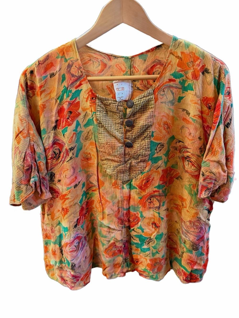 Vintage URU Hand Dyed Rayon Blouse OS Lagenlook Art To Wear Floral Boho Plaid